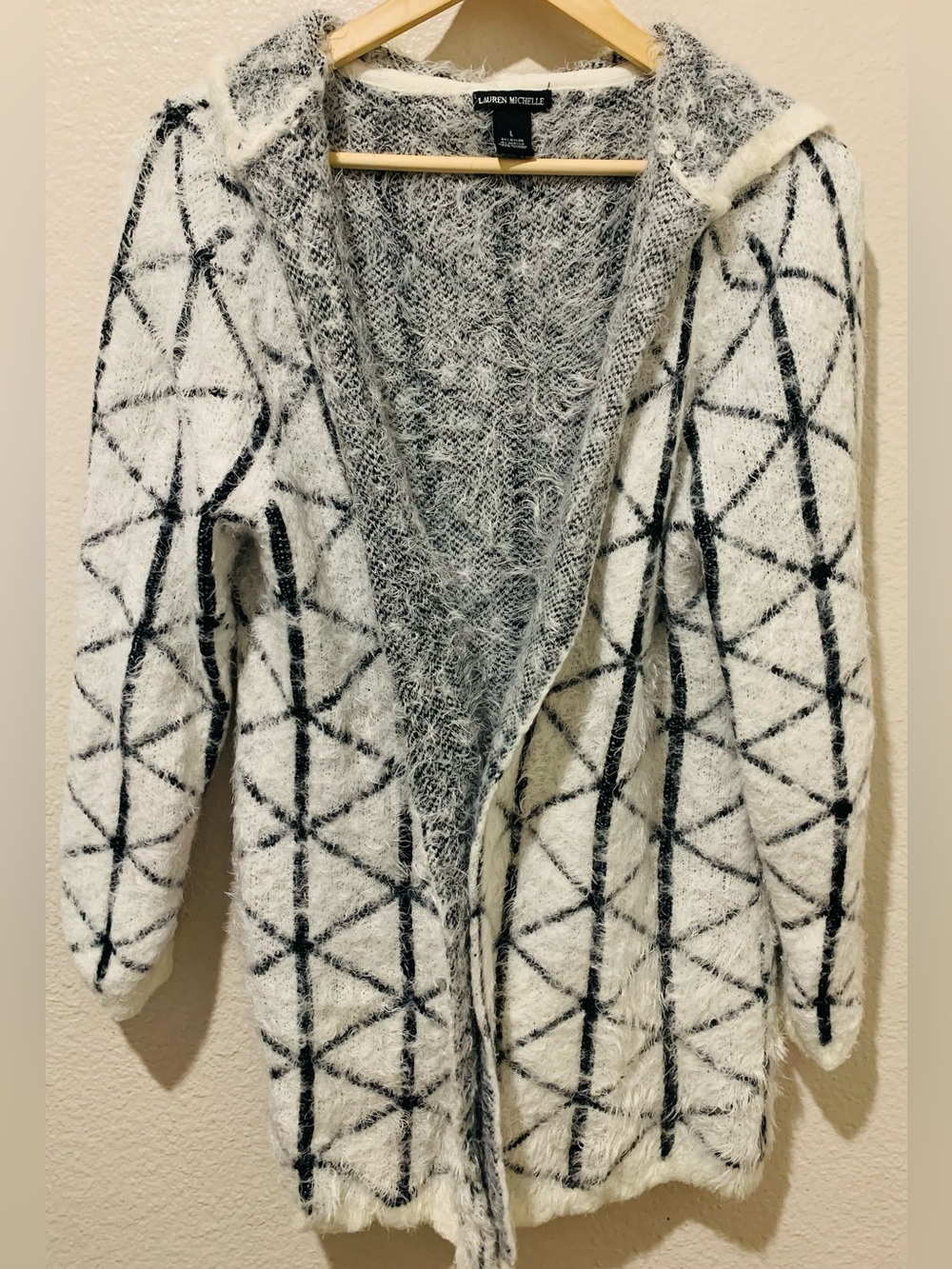 Lauren Michelle White and Black Open-Front Hooded Sweater